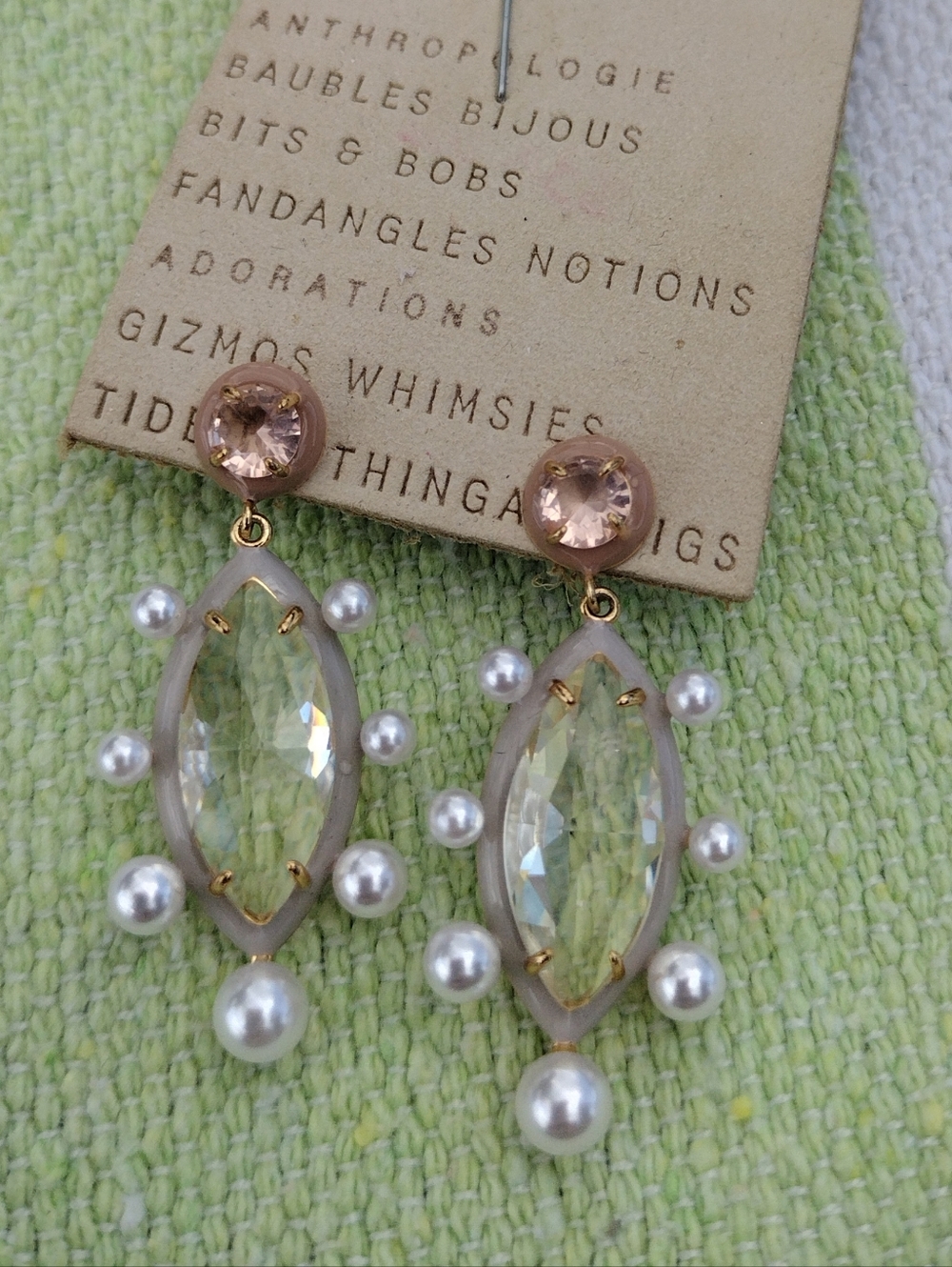 Anthropologie Gold and White Pearl Crystal Drop Stud Earrings